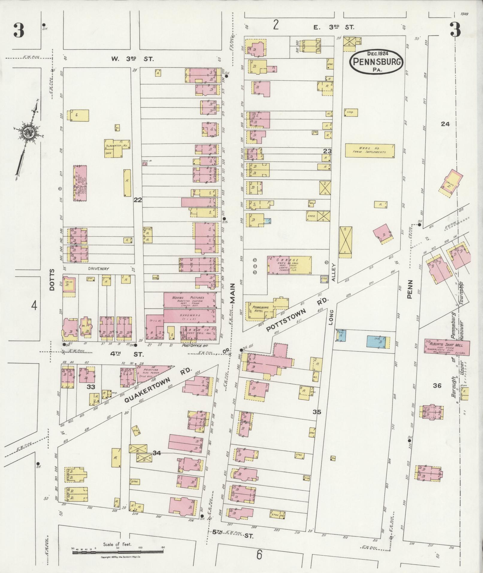Sanborn Fire Insurance Map from Pennsburg, Montgomery County, Pennsylvania (1924), Sheet #0003 - Historic Sanborn Fire Insurance Map Print, vintage old map wall art, antique decor, genealogy gift, Pennsylvania Pennsylvania map