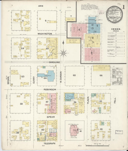 Sanborn Fire Insurance Map from Carson City, Carson City County, Nevada (1890), Sheet #0001 - Complete Map Set gallery image, historic Sanborn map, vintage wall art, Nevada Nevada