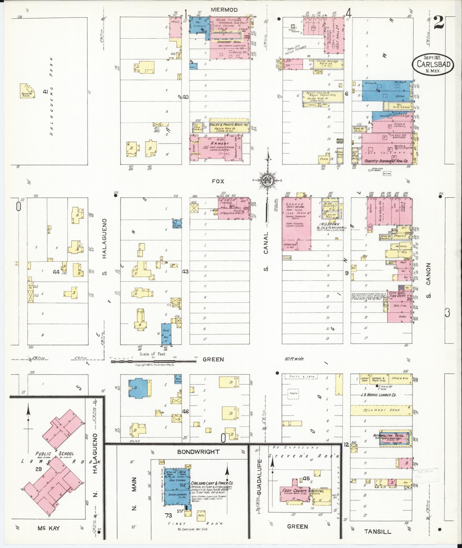 Sanborn Fire Insurance Map from Carlsbad, Eddy County, New Mexico (1921), Sheet #0002 - Complete Map Set gallery image, historic Sanborn map, vintage wall art, New Mexico New Mexico