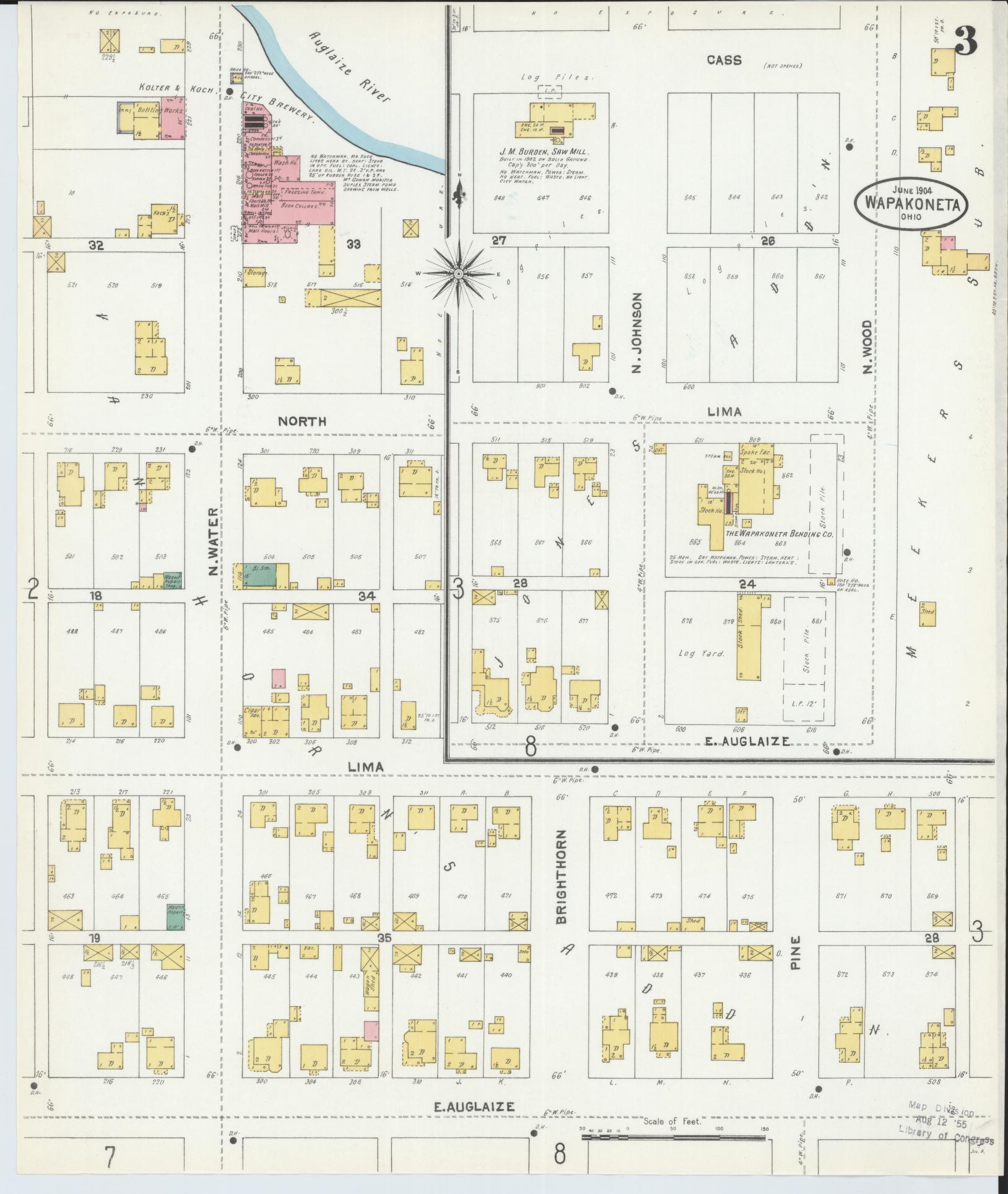 Sanborn Fire Insurance Map from Wapakoneta, Auglaize County, Ohio (1904), Sheet #0003 - Complete Map Set gallery image, historic Sanborn map, vintage wall art, Ohio Ohio