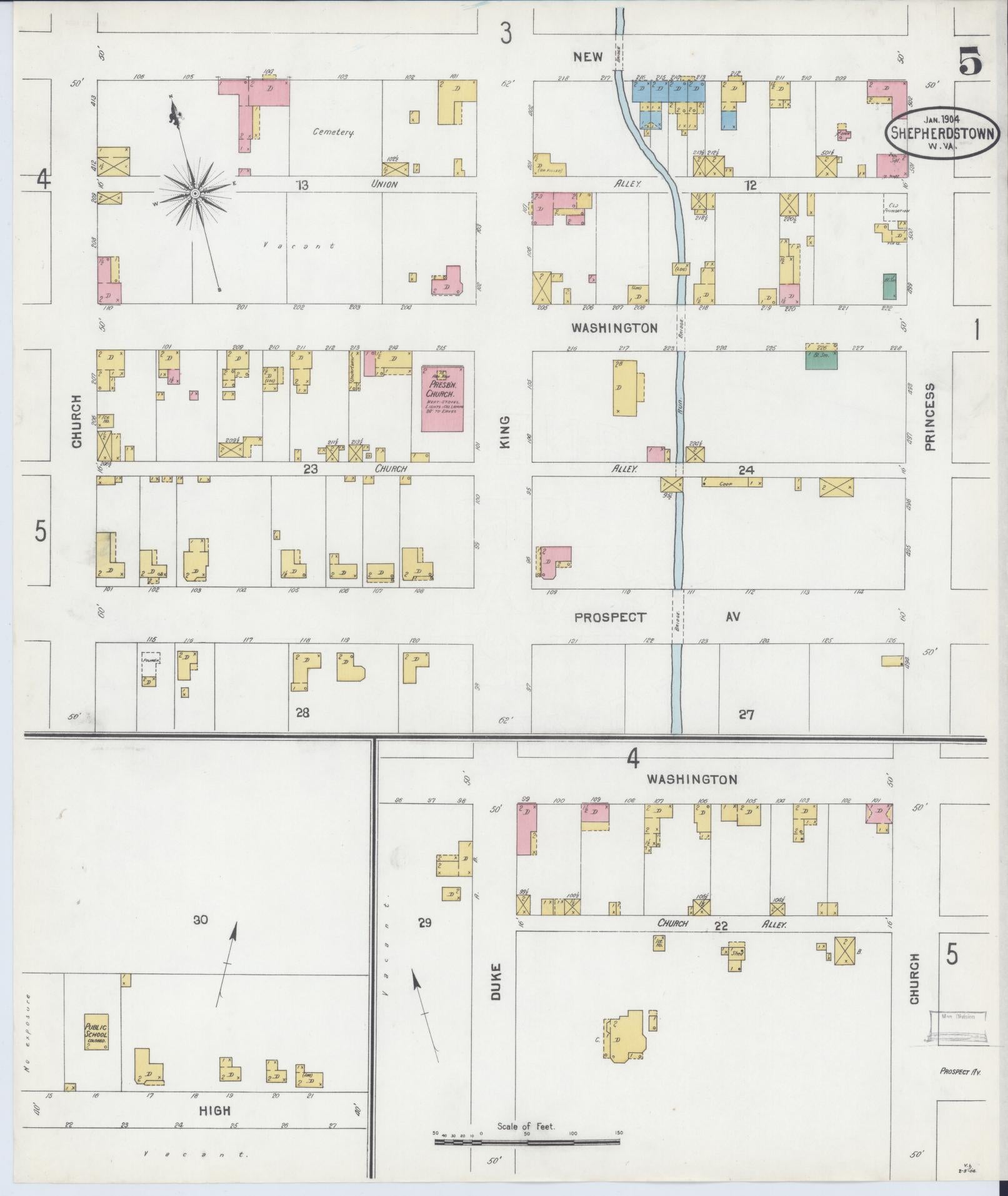 Sanborn Fire Insurance Map from Shepherdstown, Jefferson County, West Virginia (1904), Sheet #0005 - Historic Sanborn Fire Insurance Map Print, vintage old map wall art, antique decor, genealogy gift, West Virginia West Virginia map