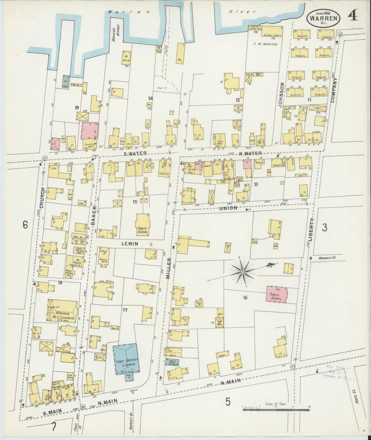 Sanborn Fire Insurance Map from Warren, Bristol County, Rhode Island (1898), Sheet #0004 - Historic Sanborn Fire Insurance Map Print, vintage old map wall art, antique decor, genealogy gift, Rhode Island Rhode Island map