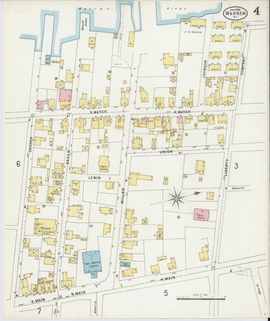 Sanborn Fire Insurance Map from Warren, Bristol County, Rhode Island (1898), Sheet #0004 - Historic Sanborn Fire Insurance Map Print, vintage old map wall art, antique decor, genealogy gift, Rhode Island Rhode Island map