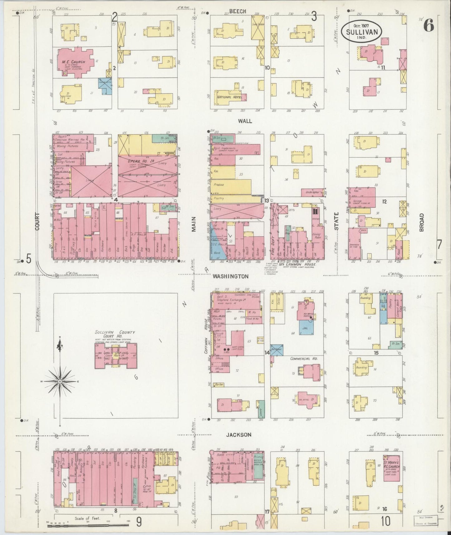 Sanborn Fire Insurance Map from Sullivan, Sullivan County, Indiana (1907), Sheet #0006 - Historic Sanborn Fire Insurance Map Print, vintage old map wall art, antique decor, genealogy gift, Indiana Indiana map