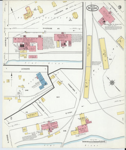 Sanborn Fire Insurance Map from Belding, Ionia County, Michigan (1918), Sheet #0009 - Historic Sanborn Fire Insurance Map Print, vintage old map wall art, antique decor, genealogy gift, Michigan Michigan map