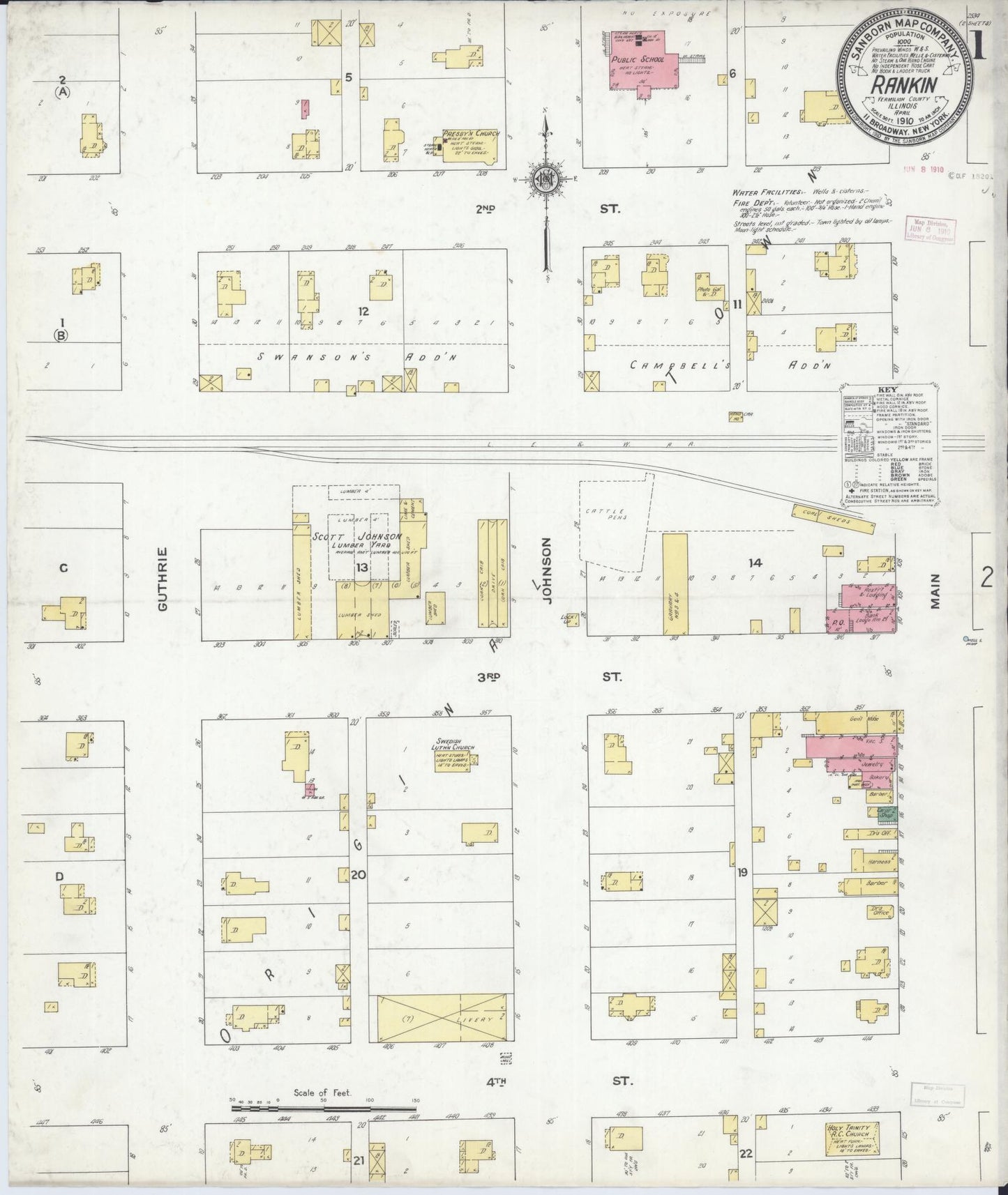 Sanborn Fire Insurance Map from Rankin, Vermilion County, Illinois (1910), Sheet #0001 - Complete Map Set gallery image, historic Sanborn map, vintage wall art, Illinois Illinois
