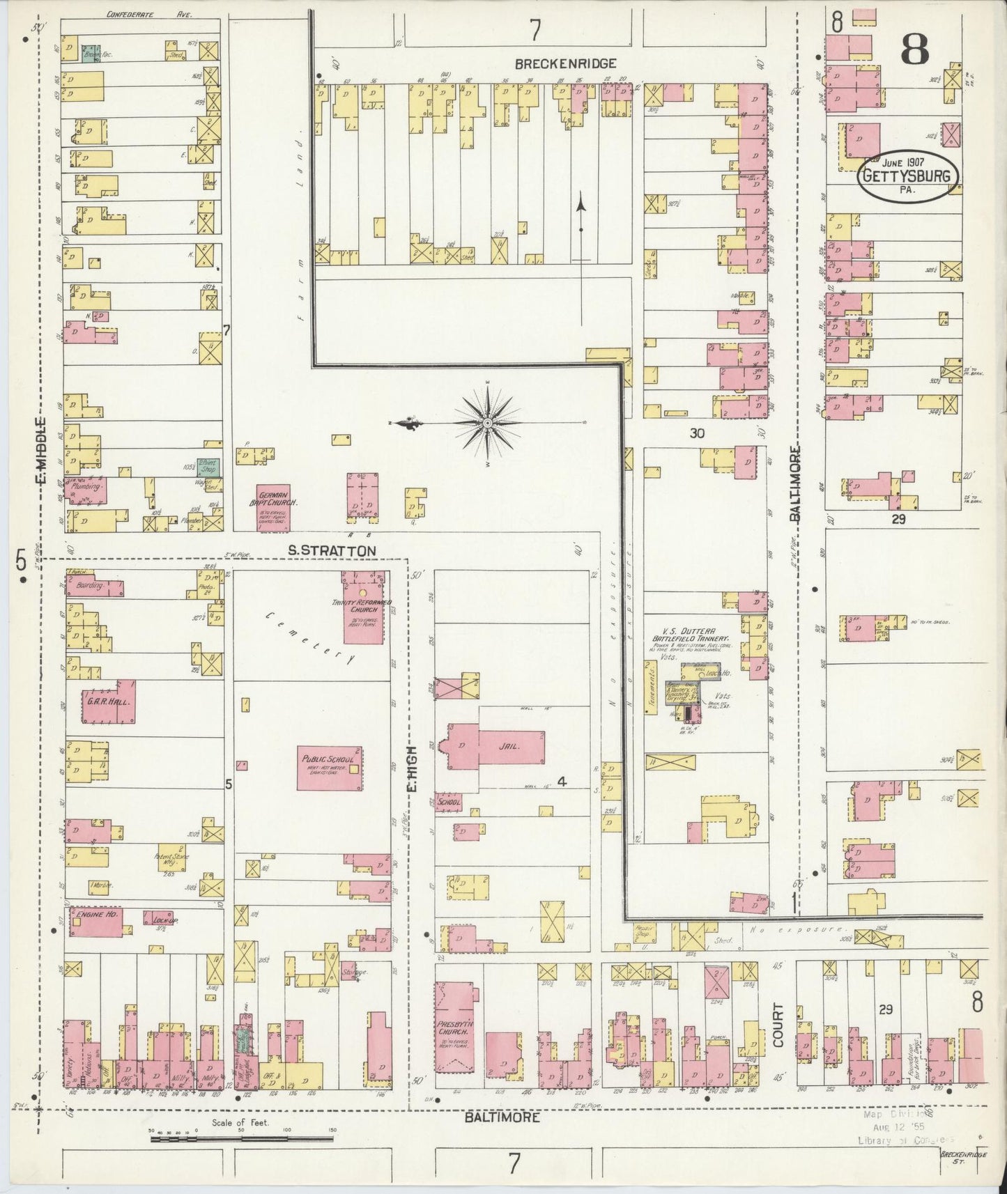 Sanborn Fire Insurance Map from Gettysburg, Adams County, Pennsylvania (1907), Sheet #0008 - Historic Sanborn Fire Insurance Map Print, vintage old map wall art, antique decor, genealogy gift, Pennsylvania Pennsylvania map