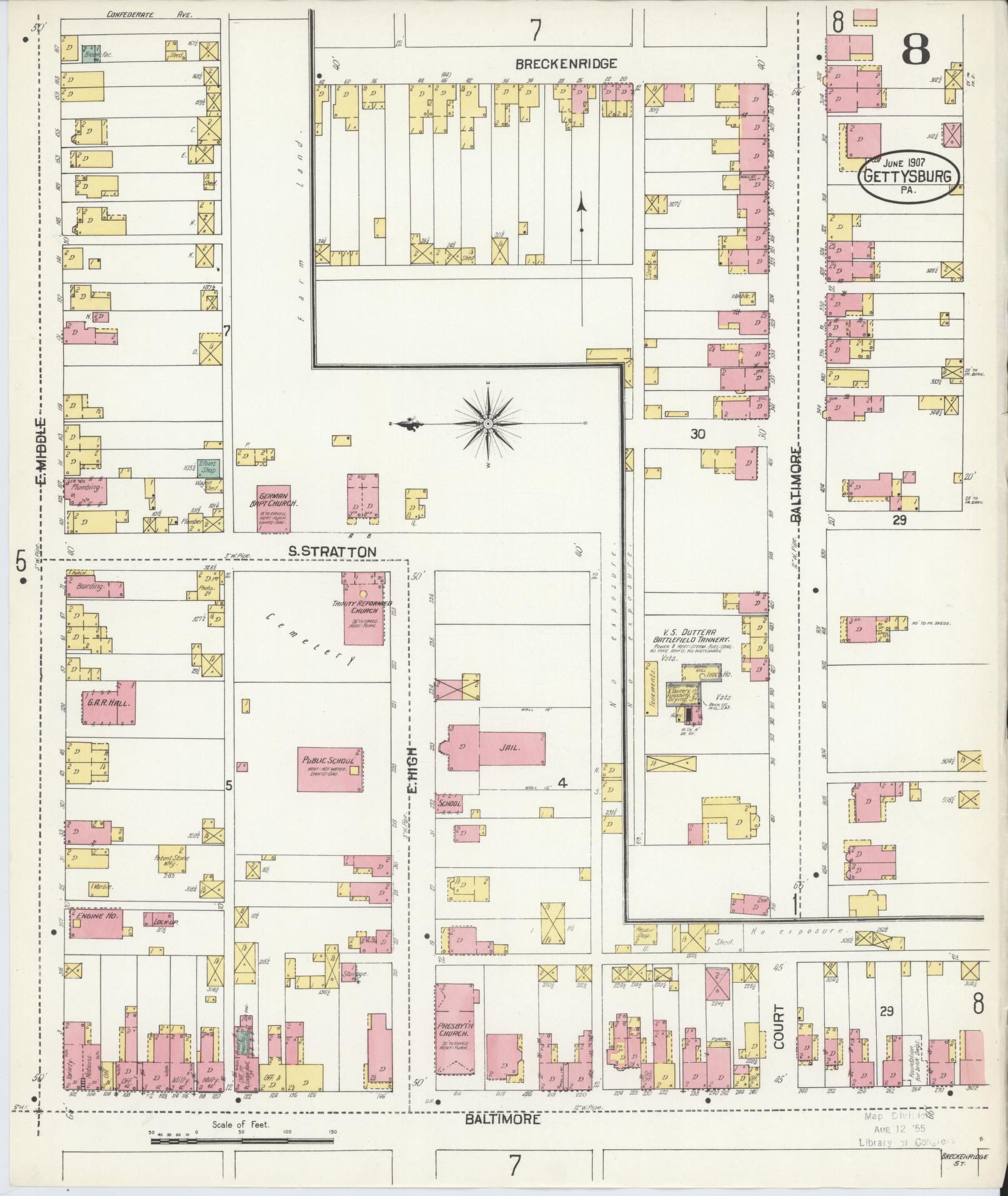 Sanborn Fire Insurance Map from Gettysburg, Adams County, Pennsylvania (1907), Sheet #0008 - Historic Sanborn Fire Insurance Map Print, vintage old map wall art, antique decor, genealogy gift, Pennsylvania Pennsylvania map