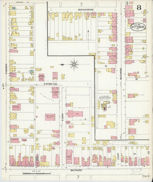 Sanborn Fire Insurance Map from Gettysburg, Adams County, Pennsylvania (1907), Sheet #0008 - Historic Sanborn Fire Insurance Map Print, vintage old map wall art, antique decor, genealogy gift, Pennsylvania Pennsylvania map