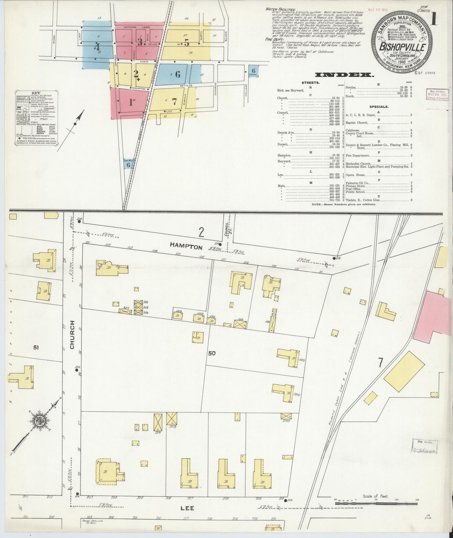 Sanborn Fire Insurance Map from Bishopville, Lee County, South Carolina (1910), Sheet #0001 - Historic Sanborn Fire Insurance Map Print, vintage old map wall art, antique decor, genealogy gift, South Carolina South Carolina map