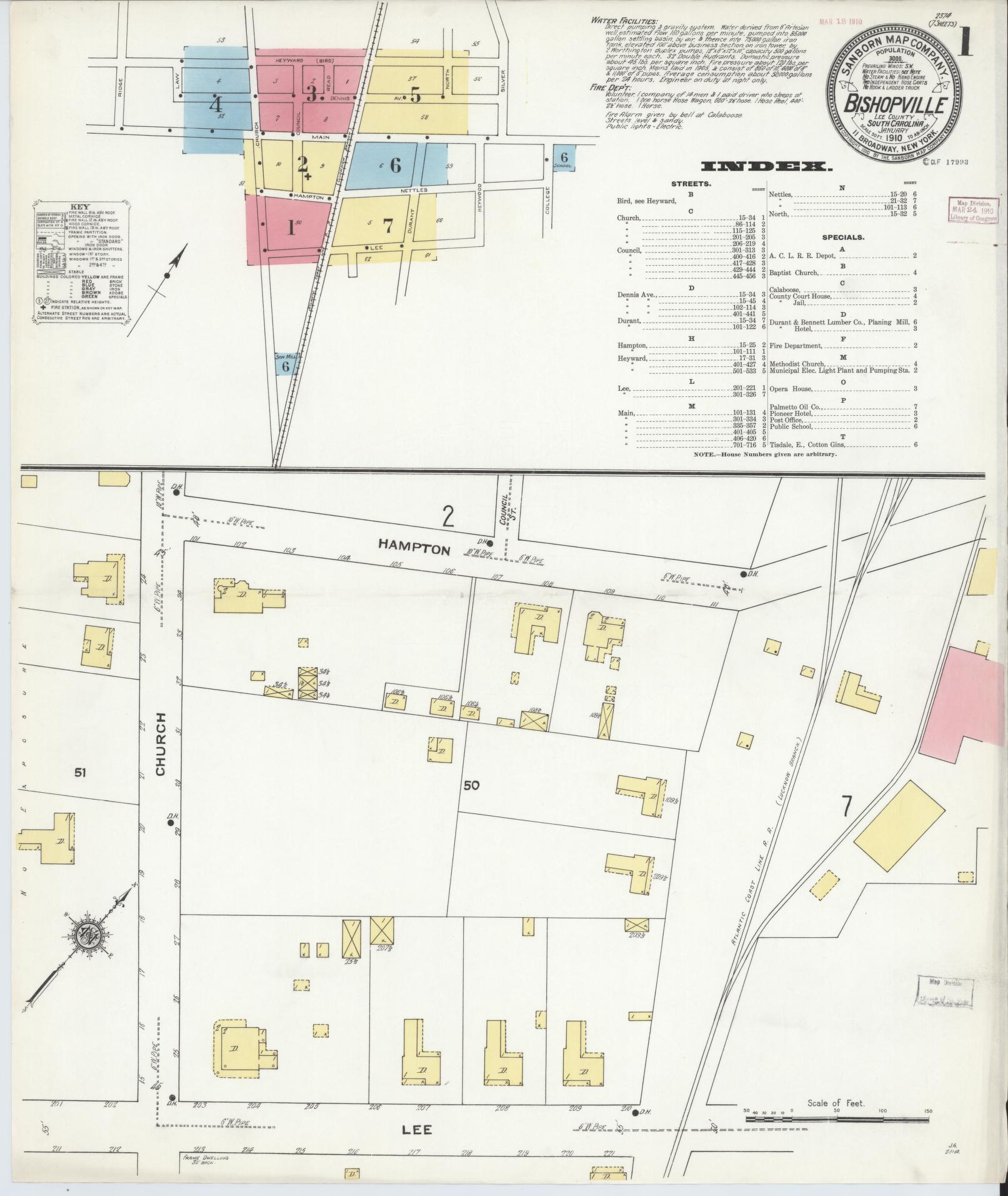 Sanborn Fire Insurance Map from Bishopville, Lee County, South Carolina (1910), Sheet #0001 - Historic Sanborn Fire Insurance Map Print, vintage old map wall art, antique decor, genealogy gift, South Carolina South Carolina map