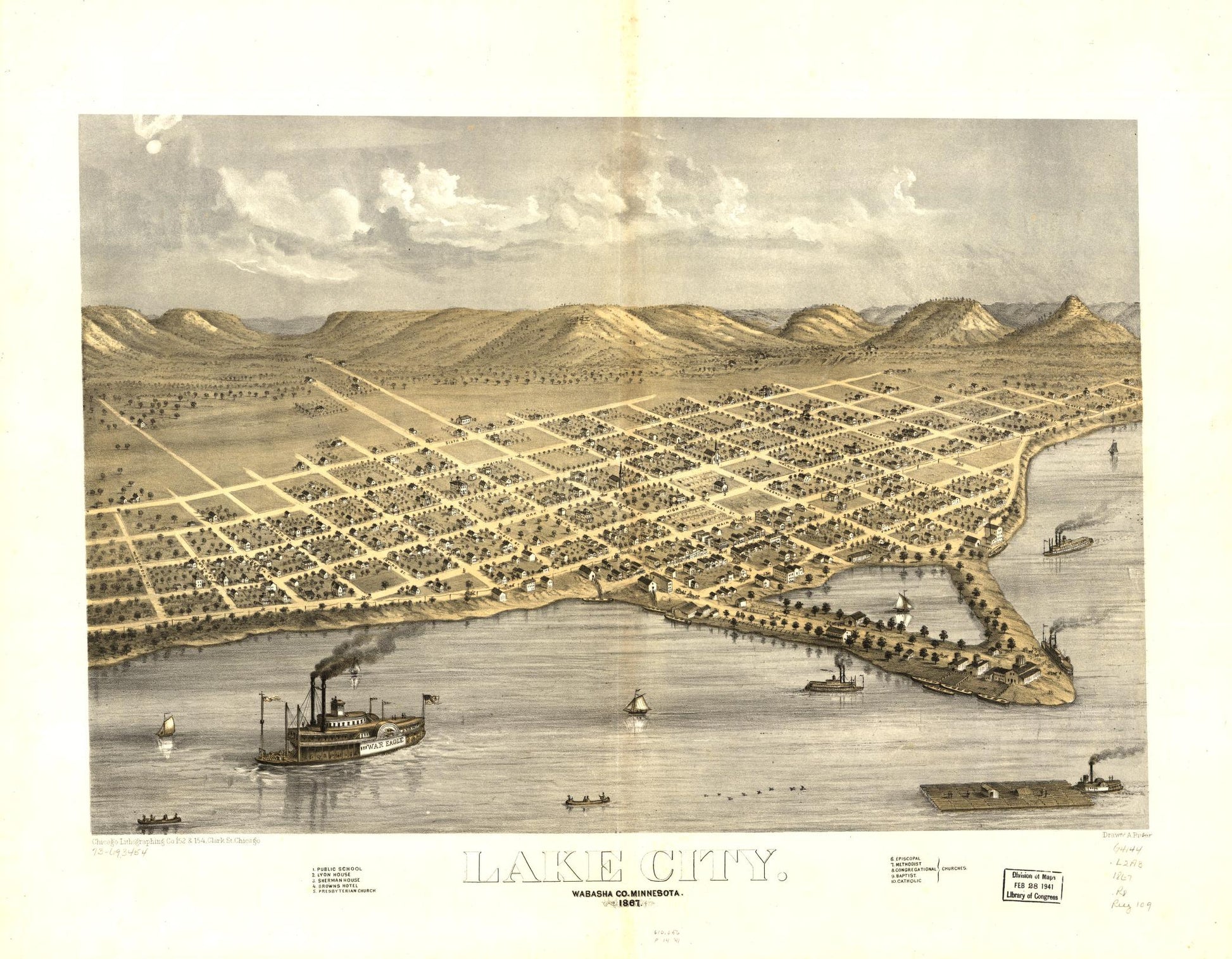 Lake City, Wabasha Co., Minnesota 1867. (1867) – Historic Bird’s-Eye View Panorama Print