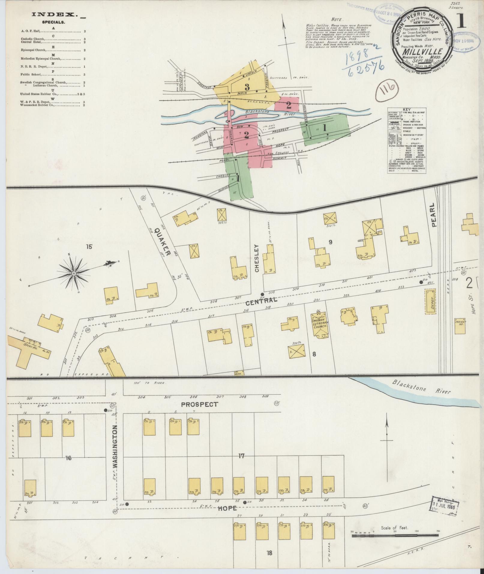 Sanborn Fire Insurance Map from Millville, Worcester County, Massachusetts (1898), Sheet #0001 - Complete Map Set gallery image, historic Sanborn map, vintage wall art, Massachusetts Massachusetts