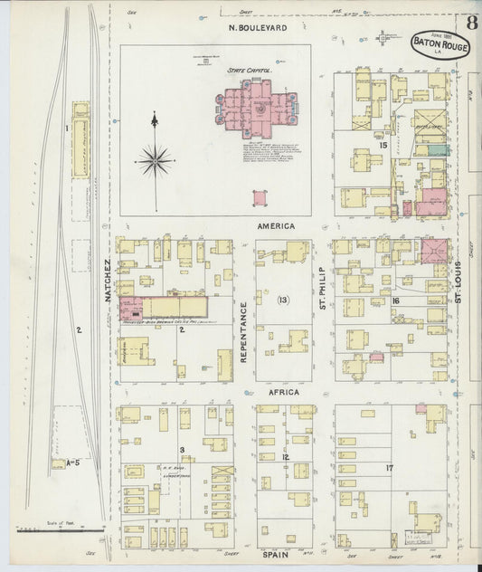 Sanborn Fire Insurance Map from Baton Rouge, East Baton Rouge Parish, Louisiana (1891), Sheet #0008 - Historic Sanborn Fire Insurance Map Print, vintage old map wall art, antique decor, genealogy gift, Louisiana Louisiana map