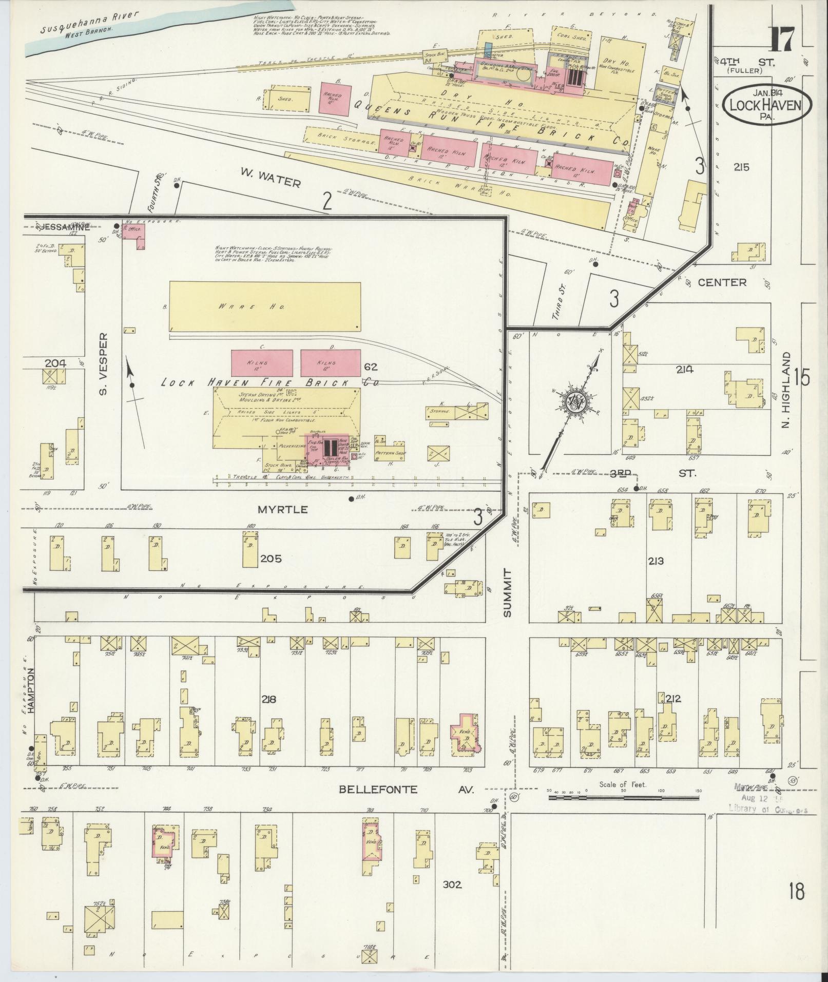 Sanborn Fire Insurance Map from Lock Haven, Clinton County, Pennsylvania (1914), Sheet #0017 - Historic Sanborn Fire Insurance Map Print, vintage old map wall art, antique decor, genealogy gift, Pennsylvania Pennsylvania map