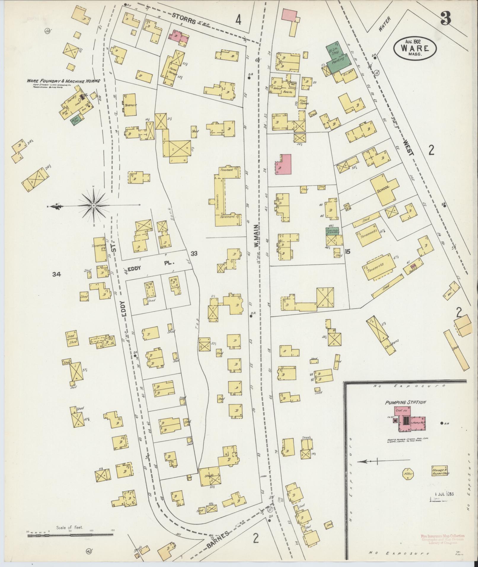 Sanborn Fire Insurance Map from Ware, Hampshire County, Massachusetts (1902), Sheet #0003 - Historic Sanborn Fire Insurance Map Print, vintage old map wall art, antique decor, genealogy gift, Massachusetts Massachusetts map