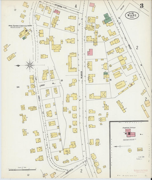 Sanborn Fire Insurance Map from Ware, Hampshire County, Massachusetts (1902), Sheet #0003 - Historic Sanborn Fire Insurance Map Print, vintage old map wall art, antique decor, genealogy gift, Massachusetts Massachusetts map