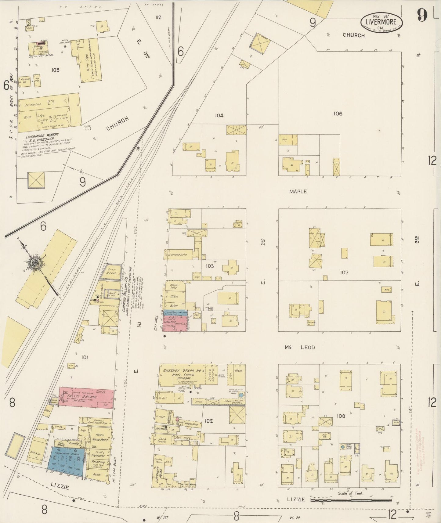 Sanborn Fire Insurance Map from Livermore, Alameda County, California (1917), Sheet #0009 - Complete Map Set gallery image, historic Sanborn map, vintage wall art, California California