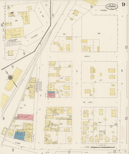 Sanborn Fire Insurance Map from Livermore, Alameda County, California (1917), Sheet #0009 - Complete Map Set gallery image, historic Sanborn map, vintage wall art, California California