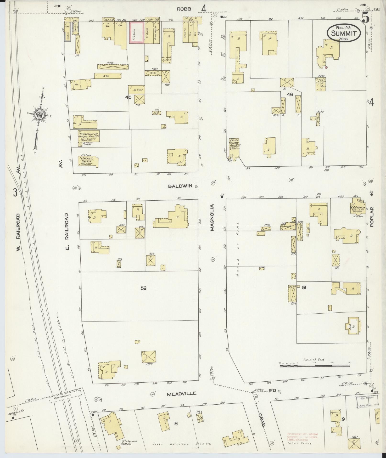 Sanborn Fire Insurance Map from Summit, Pike County, Mississippi (1913), Sheet #0005 - Historic Sanborn Fire Insurance Map Print, vintage old map wall art, antique decor, genealogy gift, Mississippi Mississippi map