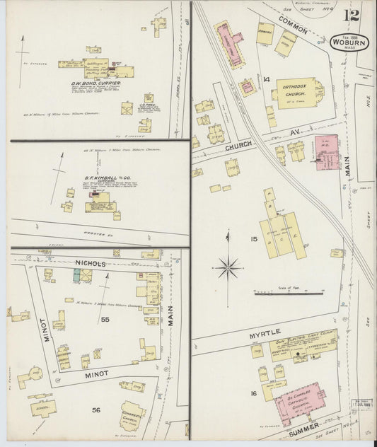 Sanborn Fire Insurance Map from Woburn, Middlesex County, Massachusetts (1888), Sheet #0012 - Historic Sanborn Fire Insurance Map Print, vintage old map wall art, antique decor, genealogy gift, Massachusetts Massachusetts map