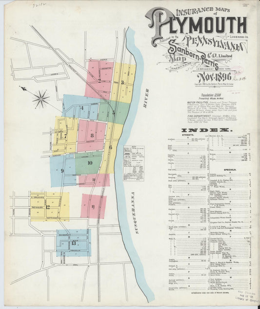 Sanborn Fire Insurance Map from Plymouth, Luzerne County, Pennsylvania (1896), Sheet #0001 - Historic Sanborn Fire Insurance Map Print, vintage old map wall art, antique decor, genealogy gift, Pennsylvania Pennsylvania map
