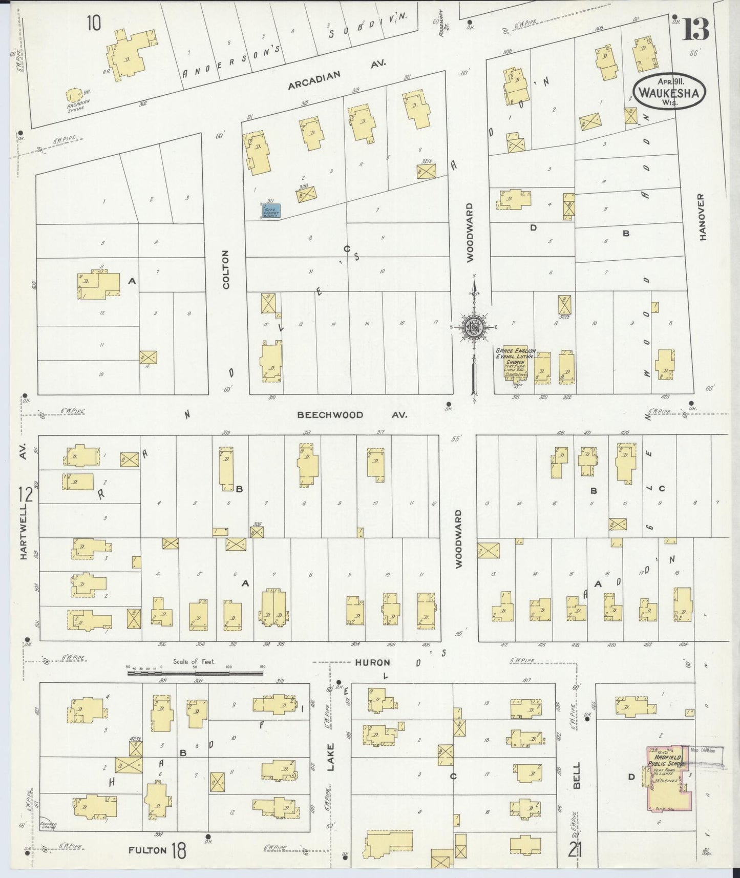 Sanborn Fire Insurance Map from Waukesha, Waukesha County, Wisconsin (1911), Sheet #0013 - Historic Sanborn Fire Insurance Map Print, vintage old map wall art, antique decor, genealogy gift, Wisconsin Wisconsin map
