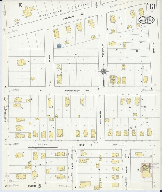 Sanborn Fire Insurance Map from Waukesha, Waukesha County, Wisconsin (1911), Sheet #0013 - Historic Sanborn Fire Insurance Map Print, vintage old map wall art, antique decor, genealogy gift, Wisconsin Wisconsin map