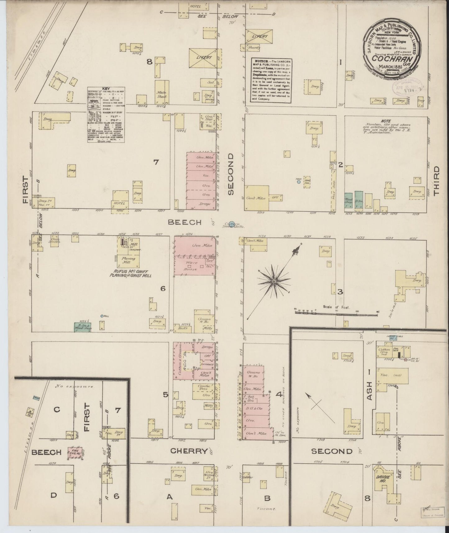 Sanborn Fire Insurance Map from Cochran, Bleckley County, Georgia (1885), Sheet #0001 - Historic Sanborn Fire Insurance Map Print, vintage old map wall art, antique decor, genealogy gift, Georgia Georgia map
