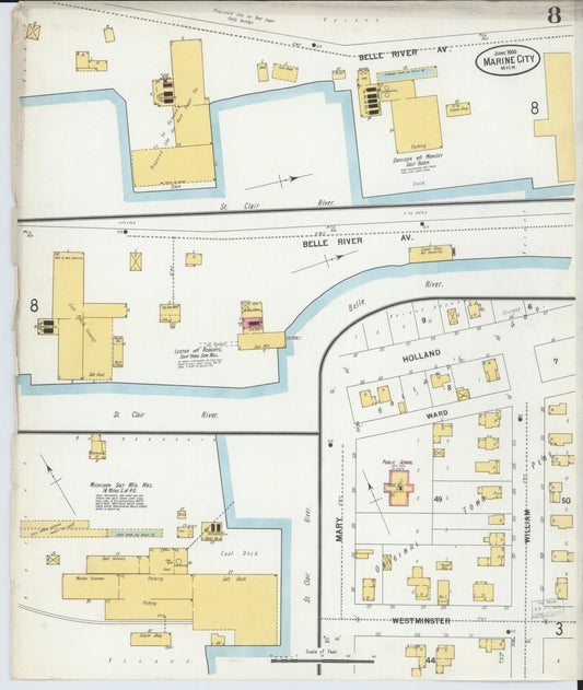 Sanborn Fire Insurance Map from Marine City, Saint Clair County, Michigan (1900), Sheet #0008 - Historic Sanborn Fire Insurance Map Print, vintage old map wall art, antique decor, genealogy gift, Michigan Michigan map