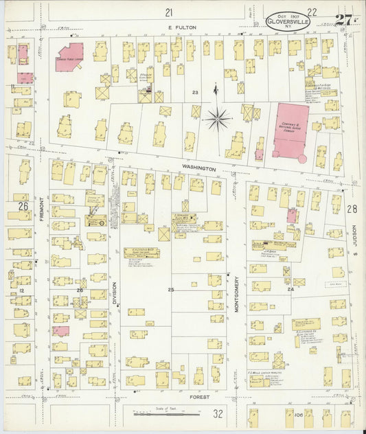 Sanborn Fire Insurance Map from Gloversville, Fulton County, New York (1907), Sheet #0027 - Historic Sanborn Fire Insurance Map Print, vintage old map wall art, antique decor, genealogy gift, New York New York map
