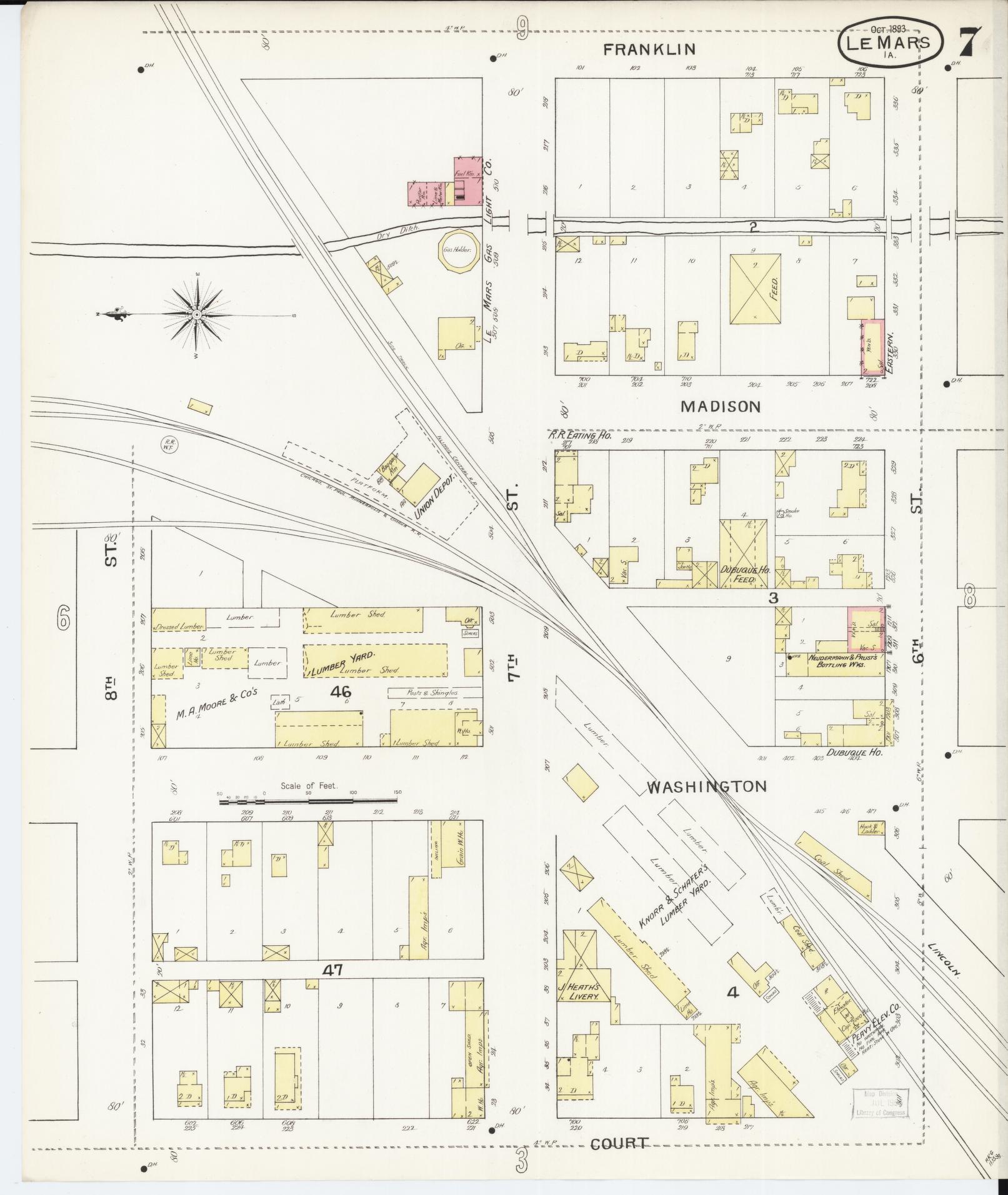 Sanborn Fire Insurance Map from Le Mars, Plymouth County, Iowa (1893), Sheet #0007 - Historic Sanborn Fire Insurance Map Print, vintage old map wall art