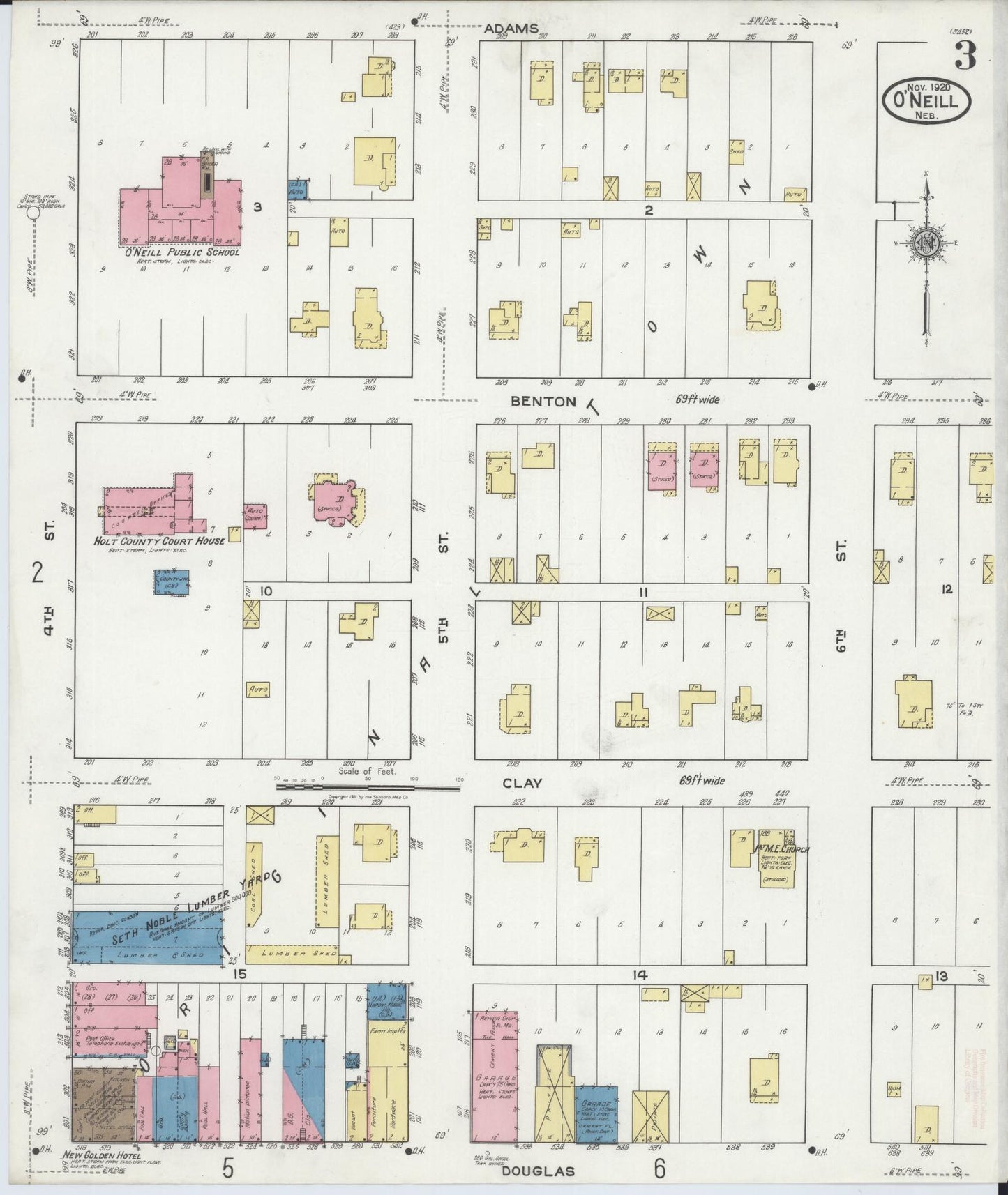 Sanborn Fire Insurance Map from O'Neill, Holt County, Nebraska (1920), Sheet #0003 - Historic Sanborn Fire Insurance Map Print, vintage old map wall art, antique decor, genealogy gift, Nebraska Nebraska map