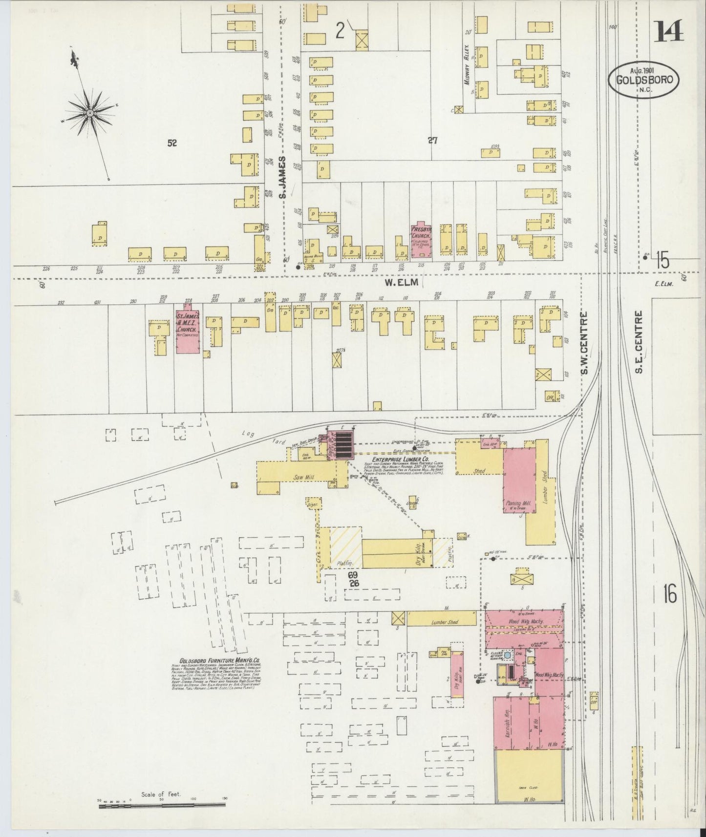 Sanborn Fire Insurance Map from Goldsboro, Wayne County, North Carolina (1901), Sheet #0014 - Complete Map Set gallery image, historic Sanborn map, vintage wall art, North Carolina North Carolina