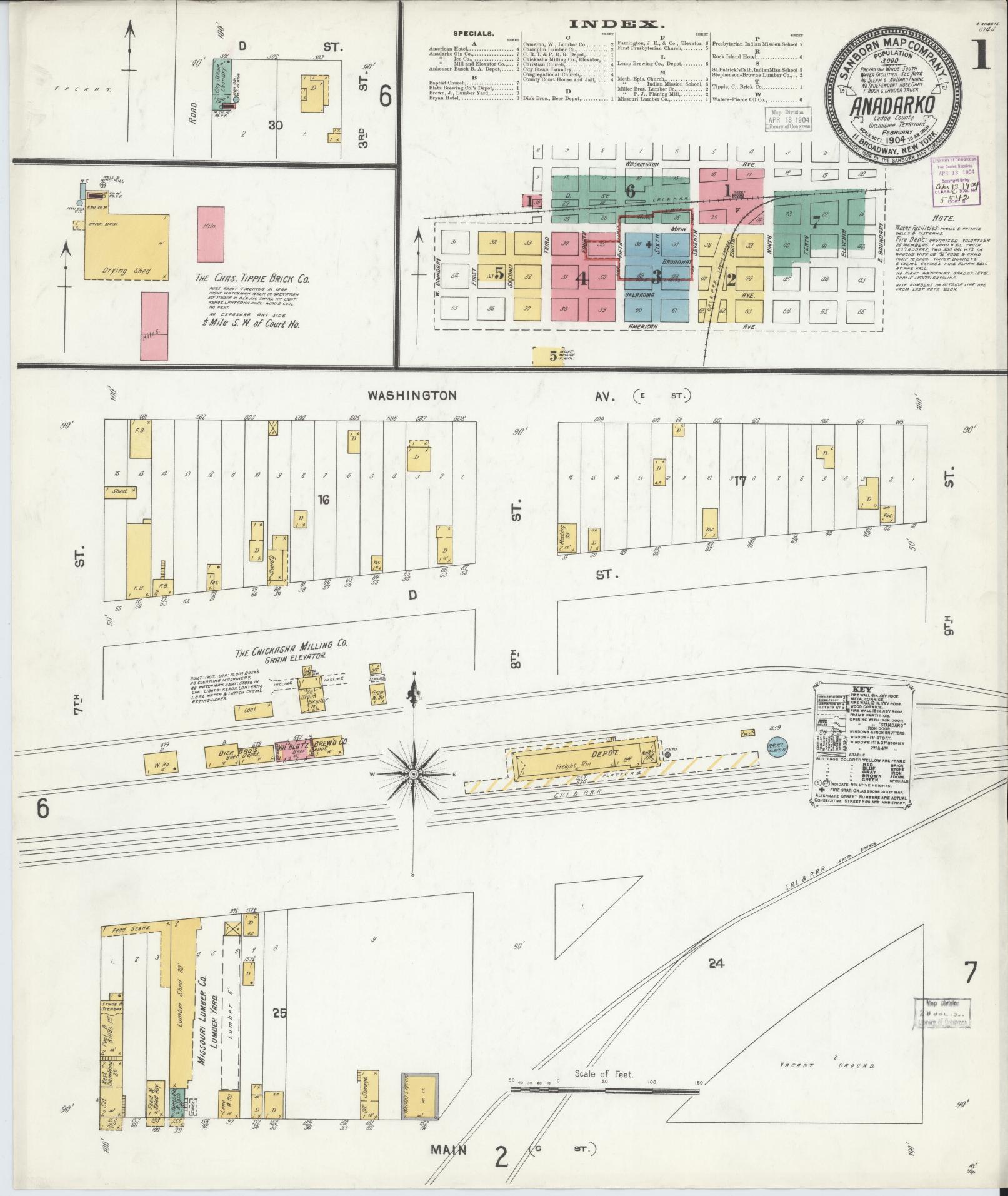 Sanborn Fire Insurance Map from Anadarko, Caddo County, Oklahoma (1904), Sheet #0001 - Historic Sanborn Fire Insurance Map Print, vintage old map wall art, antique decor, genealogy gift, Oklahoma Oklahoma map