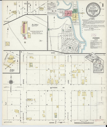 Sanborn Fire Insurance Map from Oscoda, Iosco County, Michigan (1914), Sheet #0001 - Historic Sanborn Fire Insurance Map Print, vintage old map wall art, antique decor, genealogy gift, Michigan Michigan map