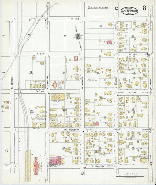 Sanborn Fire Insurance Map from Goldsboro, Wayne County, North Carolina (1918), Sheet #0008 - Historic Sanborn Fire Insurance Map Print, vintage old map wall art, antique decor, genealogy gift, North Carolina North Carolina map