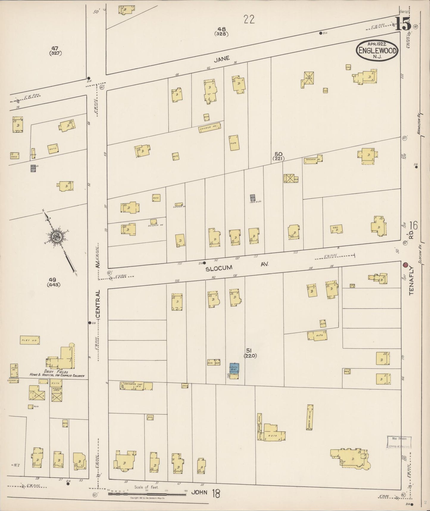 Sanborn Fire Insurance Map from Englewood, Bergen County, New Jersey (1922), Sheet #0015 - Historic Sanborn Fire Insurance Map Print, vintage old map wall art, antique decor, genealogy gift, New Jersey New Jersey map