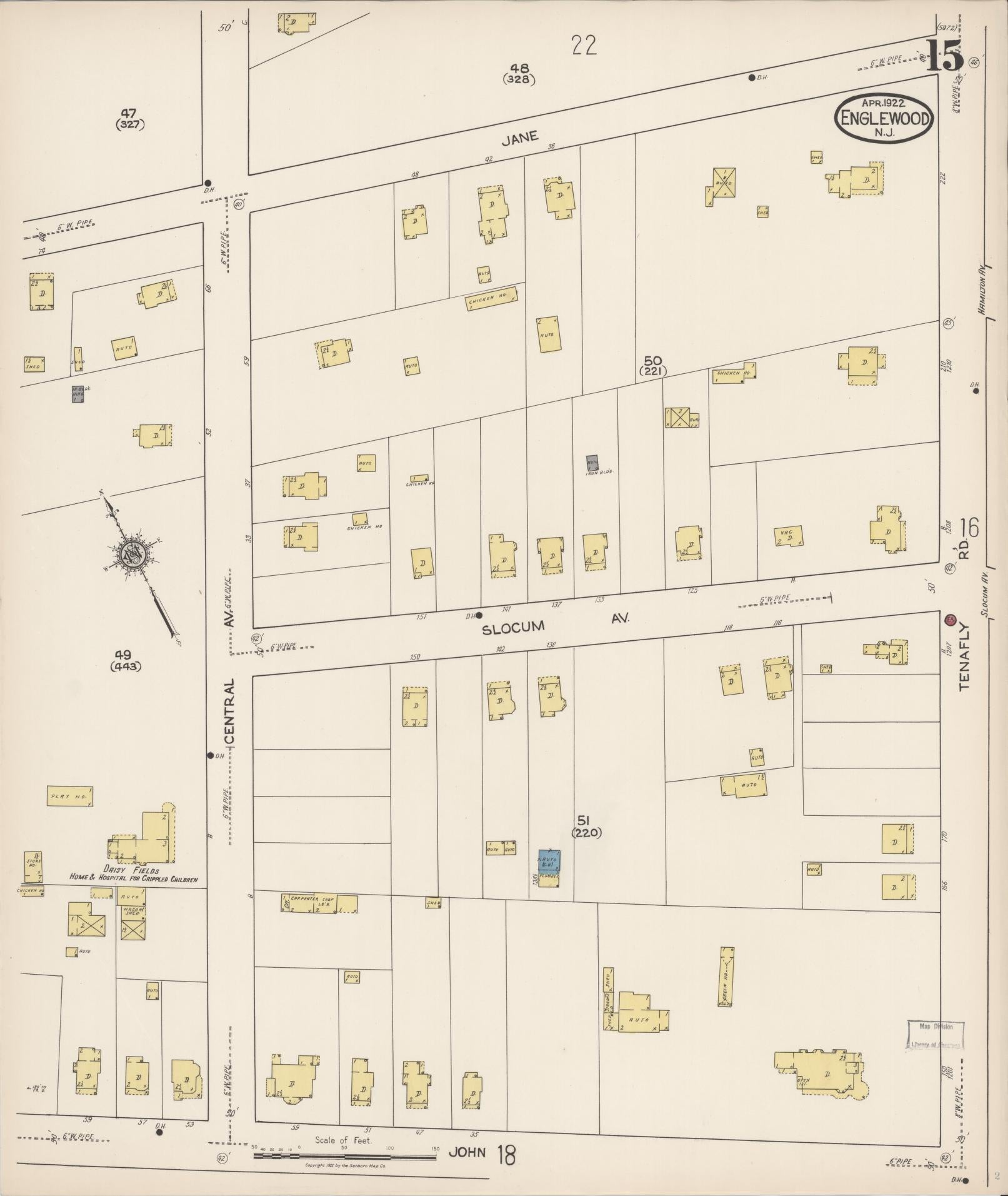 Sanborn Fire Insurance Map from Englewood, Bergen County, New Jersey (1922), Sheet #0015 - Historic Sanborn Fire Insurance Map Print, vintage old map wall art, antique decor, genealogy gift, New Jersey New Jersey map