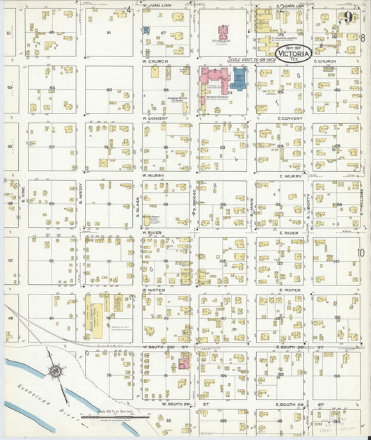 Sanborn Fire Insurance Map from Victoria, Victoria County, Texas (1917), Sheet #0009 - Historic Sanborn Fire Insurance Map Print, vintage old map wall art, antique decor, genealogy gift, Texas Texas map