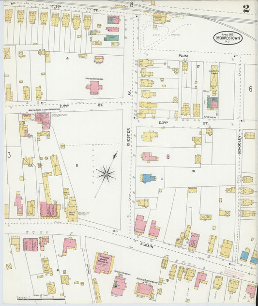 Sanborn Fire Insurance Map from Moorestown, Burlington County, New Jersey (1905), Sheet #0002 - Historic Sanborn Fire Insurance Map Print, vintage old map wall art, antique decor, genealogy gift, New Jersey New Jersey map