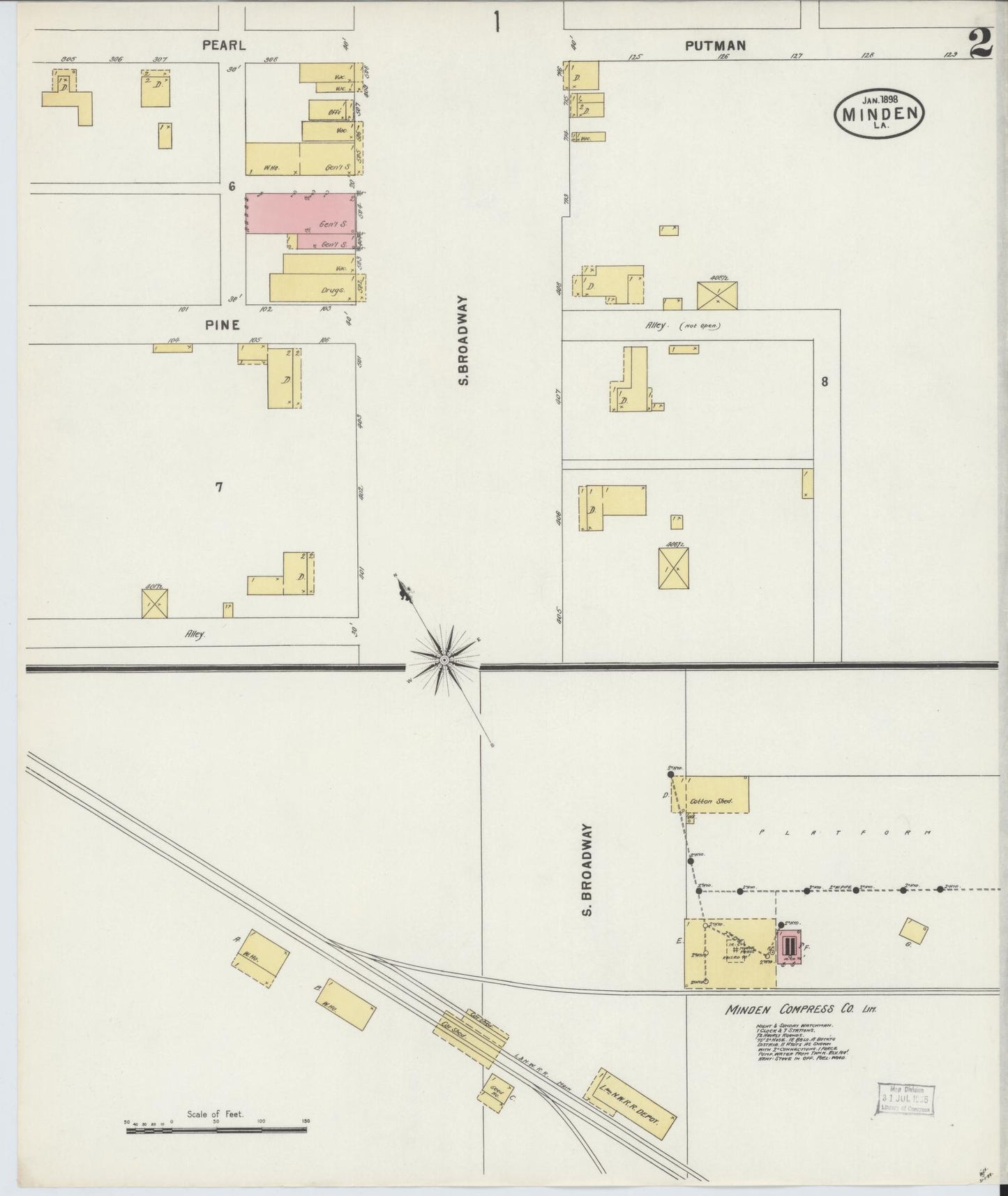 Sanborn Fire Insurance Map from Minden, Webster Parish, Louisiana (1898), Sheet #0002 - Historic Sanborn Fire Insurance Map Print, vintage old map wall art, antique decor, genealogy gift, Louisiana Louisiana map