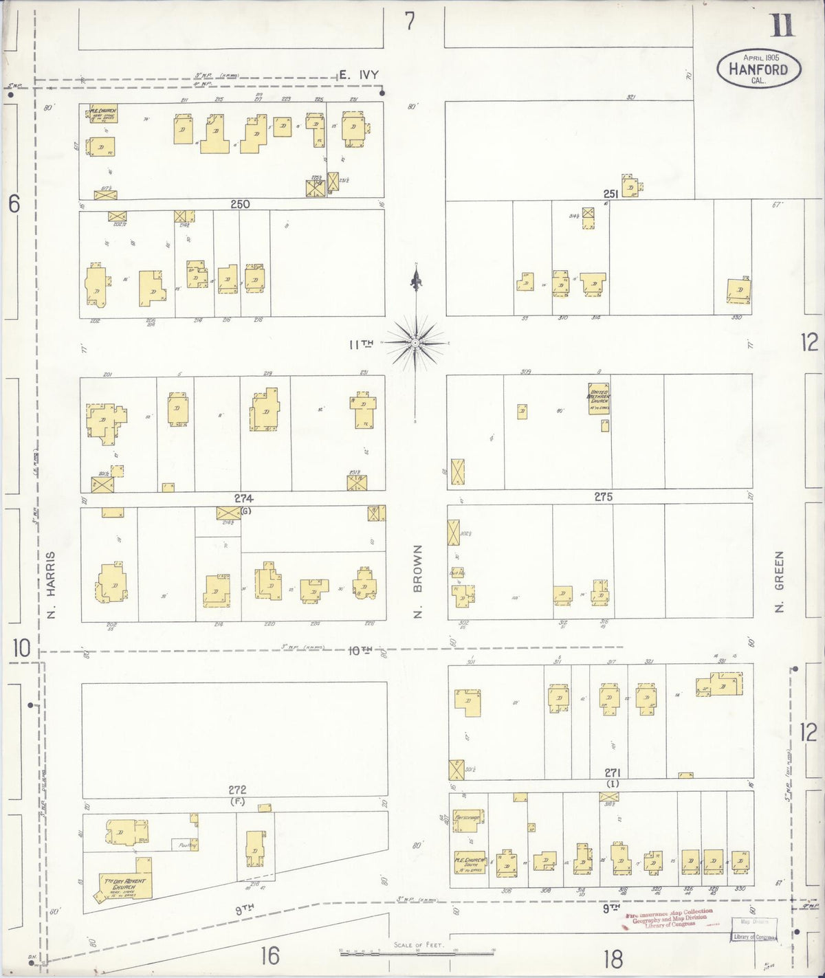 Sanborn Fire Insurance Map from Hanford, Kings County, California (1905), Sheet #0011 - Complete Map Set gallery image, historic Sanborn map, vintage wall art, California California