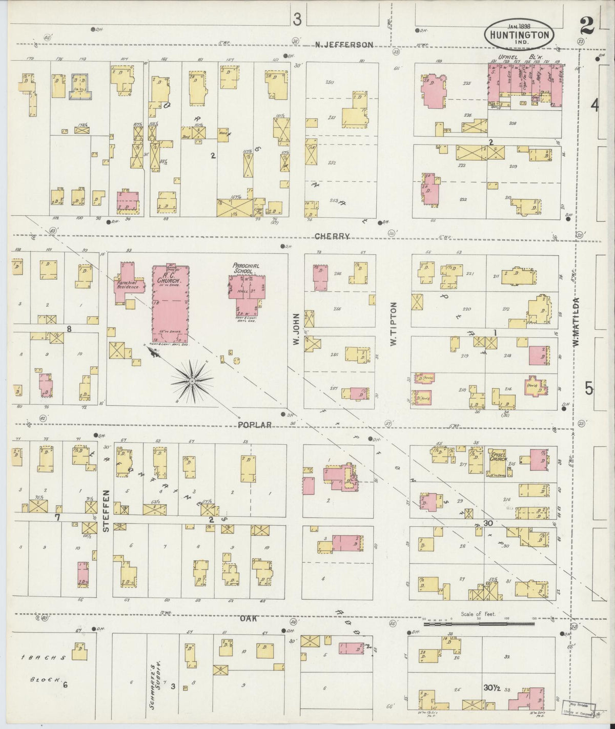 Sanborn Fire Insurance Map from Huntington, Huntington County, Indiana (1898), Sheet #0002 - Historic Sanborn Fire Insurance Map Print, vintage old map wall art, antique decor, genealogy gift, Indiana Indiana map