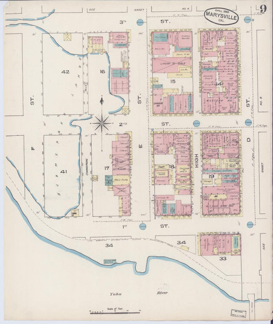 Sanborn Fire Insurance Map from Marysville, Yuba County, California (1885), Sheet #0009 - Historic Sanborn Fire Insurance Map Print, vintage old map wall art, antique decor, genealogy gift, California California map
