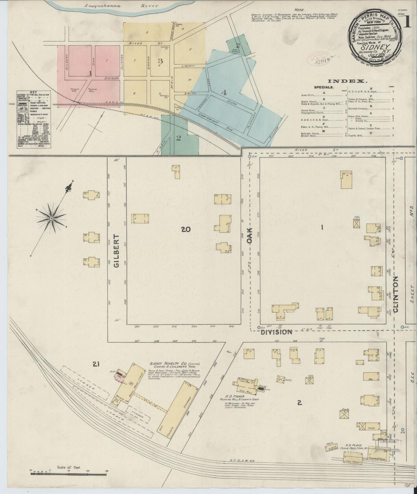 Sanborn Fire Insurance Map from Sidney, Delaware County, New York (1891), Sheet #0001 - Historic Sanborn Fire Insurance Map Print, vintage old map wall art, antique decor, genealogy gift, New York New York map
