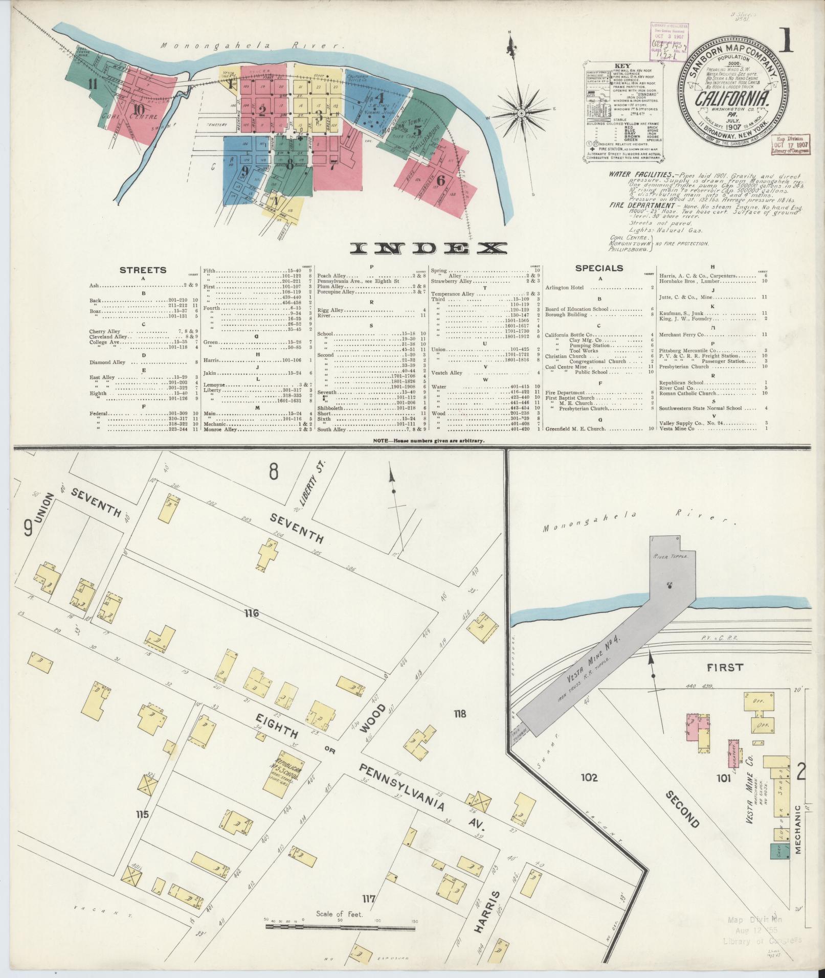 Sanborn Fire Insurance Map from California, Washington County, Pennsylvania (1907), Sheet #0001 - Historic Sanborn Fire Insurance Map Print, vintage old map wall art, antique decor, genealogy gift, Pennsylvania Pennsylvania map