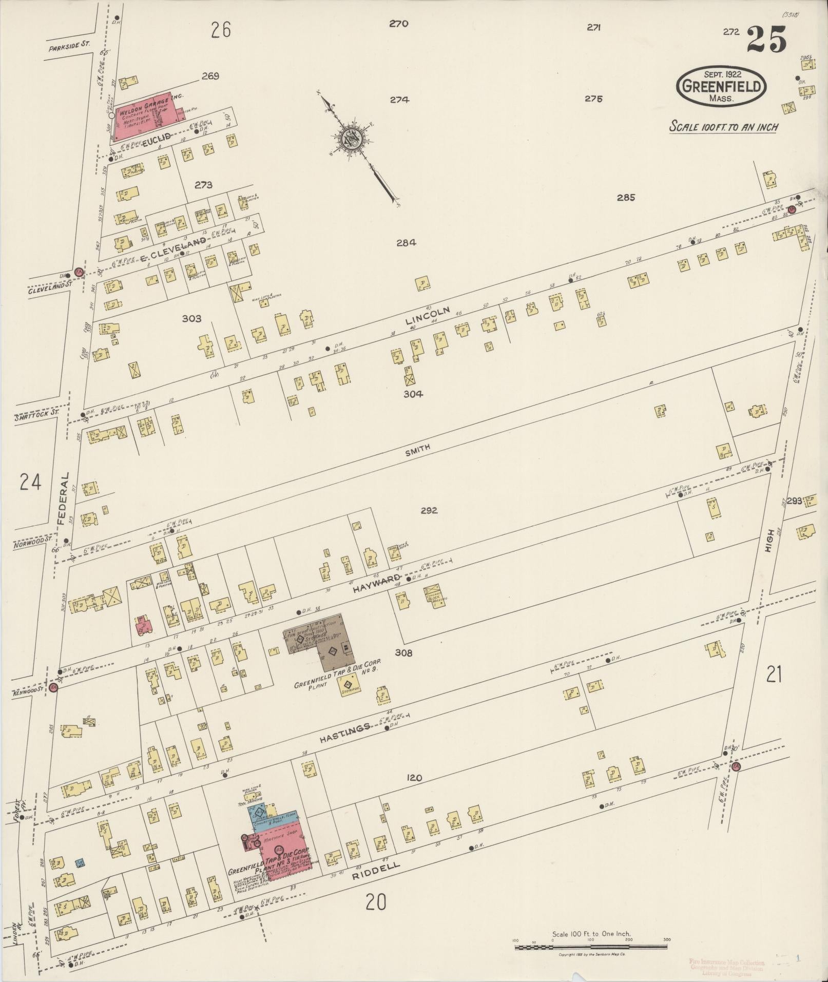 Sanborn Fire Insurance Map from Greenfield, Franklin County, Massachusetts (1922), Sheet #0025 - Complete Map Set gallery image, historic Sanborn map, vintage wall art, Massachusetts Massachusetts