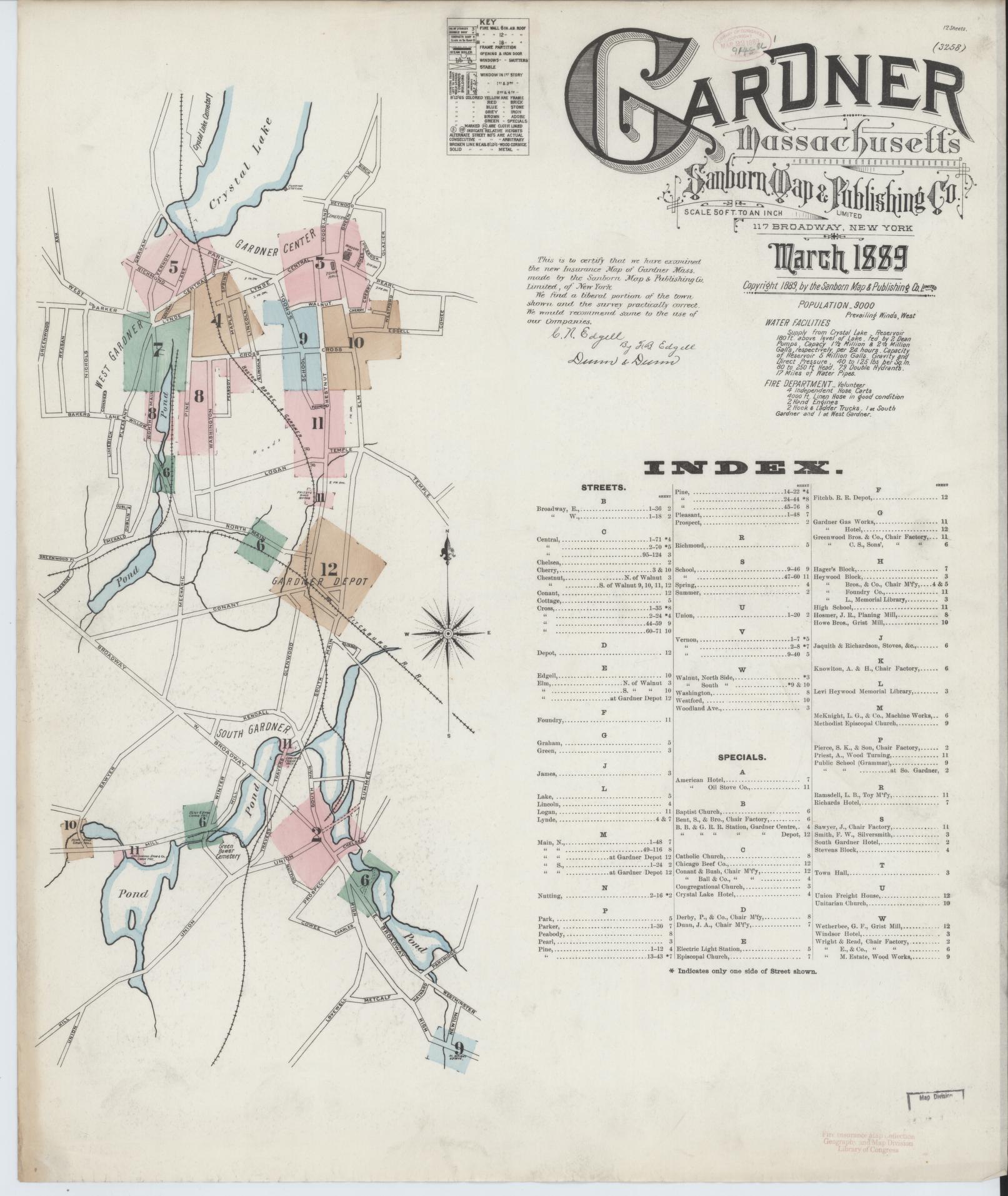 Sanborn Fire Insurance Map from Gardner, Worcester County, Massachusetts (1889), Sheet #0001 - Historic Sanborn Fire Insurance Map Print, vintage old map wall art, antique decor, genealogy gift, Massachusetts Massachusetts map