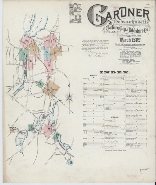Sanborn Fire Insurance Map from Gardner, Worcester County, Massachusetts (1889), Sheet #0001 - Historic Sanborn Fire Insurance Map Print, vintage old map wall art, antique decor, genealogy gift, Massachusetts Massachusetts map